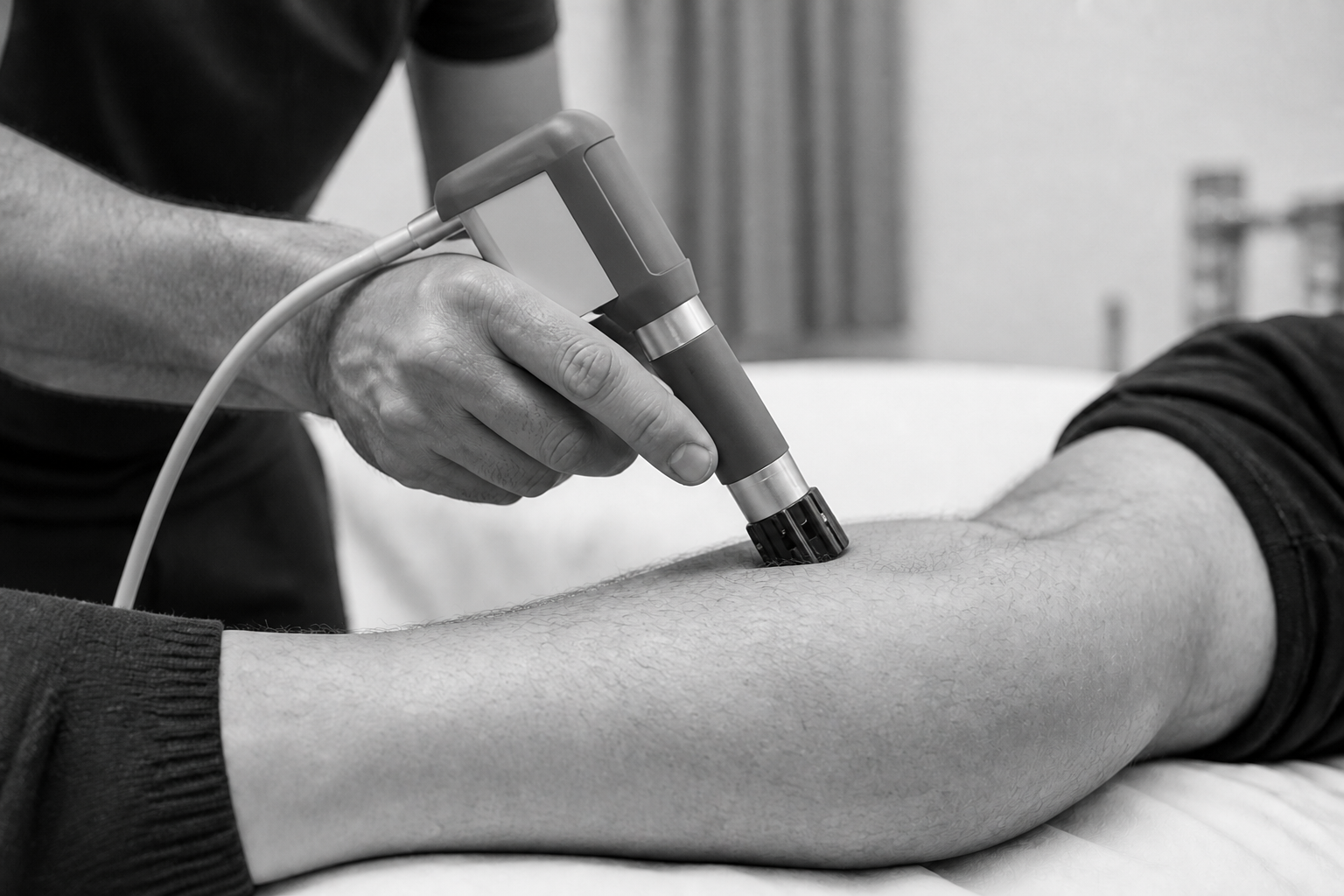 Shockwave therapy applied to a lower leg